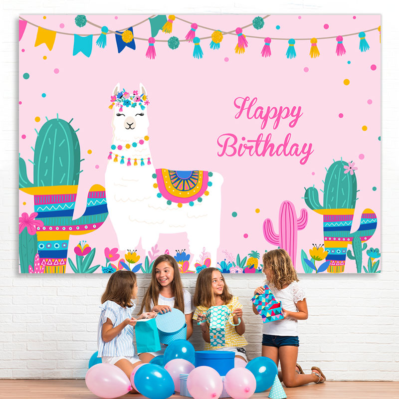 Lofaris Alpaca And Cactus Girls Pink Happy Birthday Backdrop