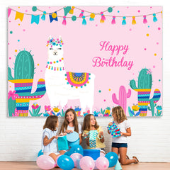 Lofaris Alpaca And Cactus Girls Pink Happy Birthday Backdrop