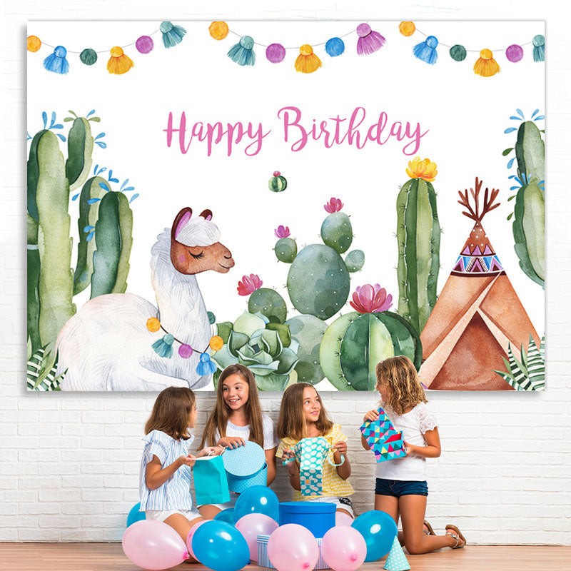 Lofaris Alpaca And Cactus Happy Birthday Backdrop For Baby