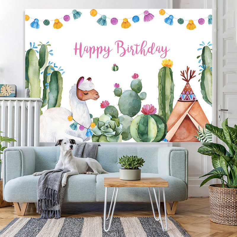 Lofaris Alpaca And Cactus Happy Birthday Backdrop For Baby
