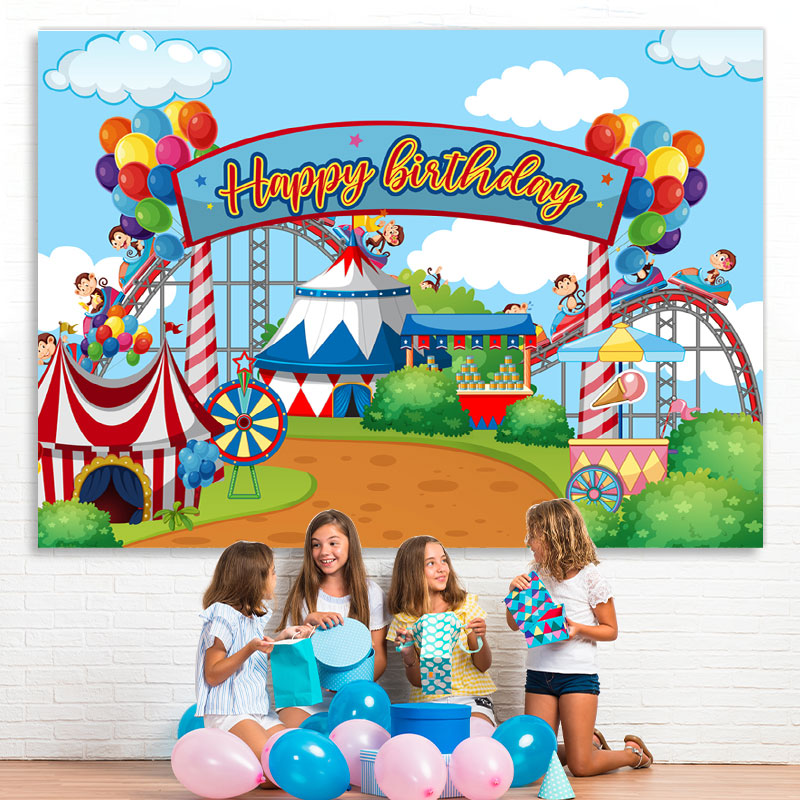 Lofaris Amusement Park Circus Themed Happy Birthday Backdrop