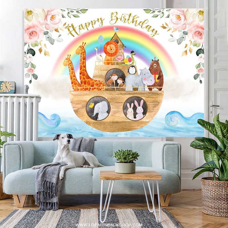 Lofaris Animals On The Boat Rainbow Happy Birthday Backdrop