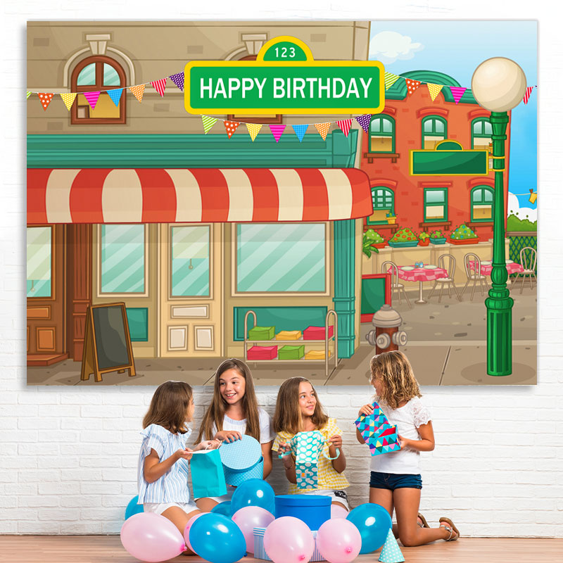 Lofaris Animated House Street Theme Happy Birthday Backdrop