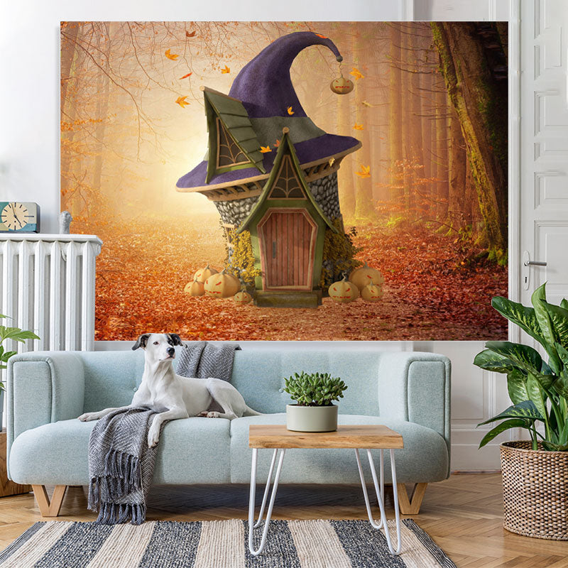 Lofaris Autumn forest Pumpkins and Elf Hut Backdrop