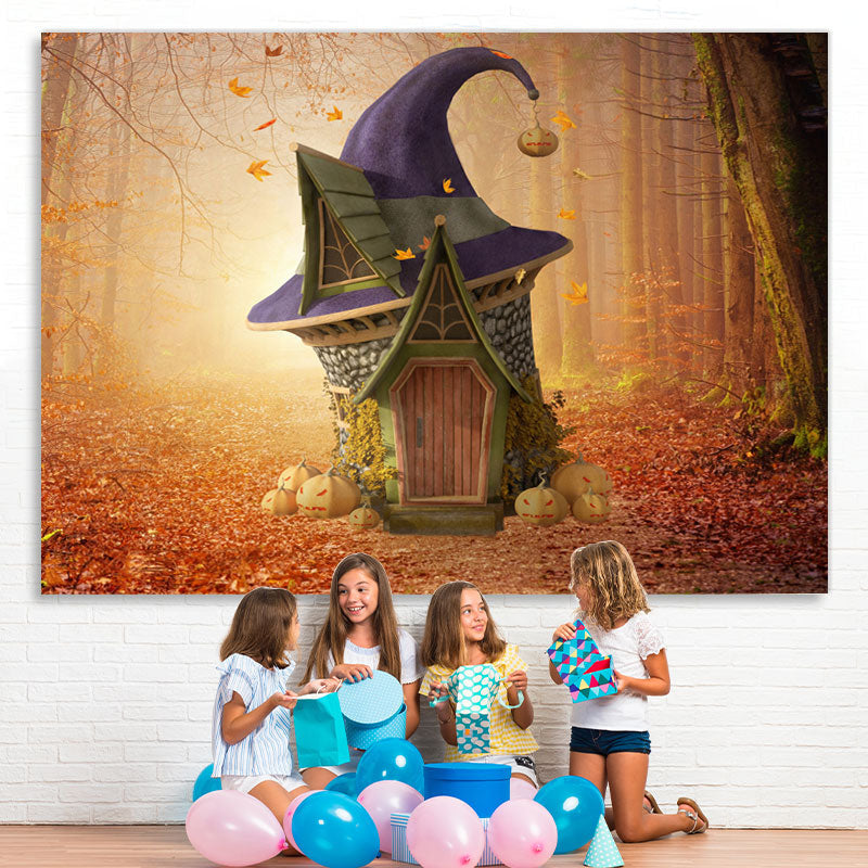 Lofaris Autumn forest Pumpkins and Elf Hut Backdrop