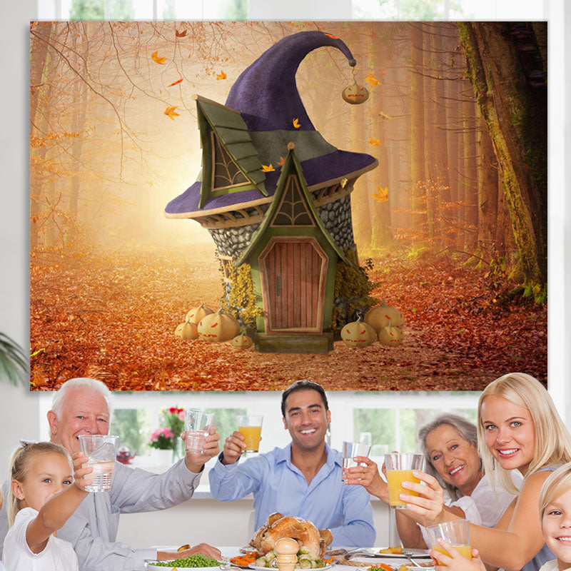 Lofaris Autumn forest Pumpkins and Elf Hut Backdrop
