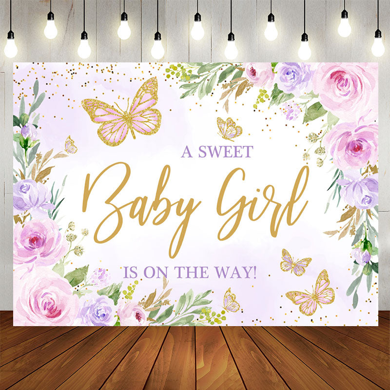Lofaris Baby Girl On The Way Floral Glitter Shower Backdrop