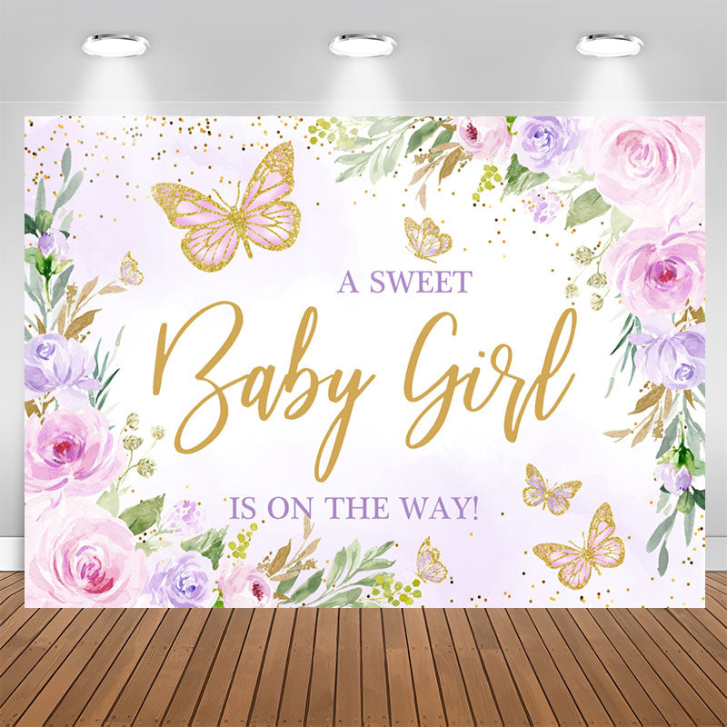 Lofaris Baby Girl On The Way Floral Glitter Shower Backdrop