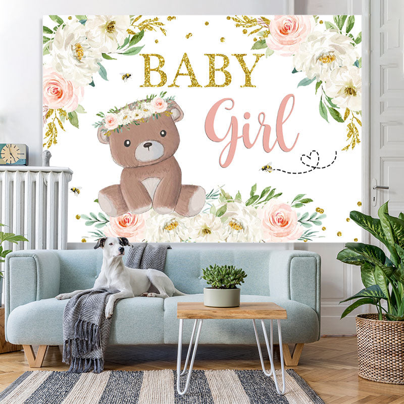 Lofaris Baby Girl Teddy Bear and Floral Shower Backdrop