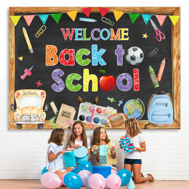 Lofaris Back to School Backdrop Blackboard Tellurion Pencil Bus