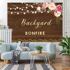 Lofaris Backyard Bonfire Wooden Pink Floral Light Backdrop