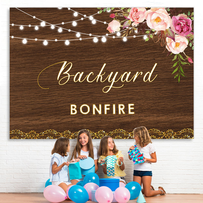Lofaris Backyard Bonfire Wooden Pink Floral Light Backdrop