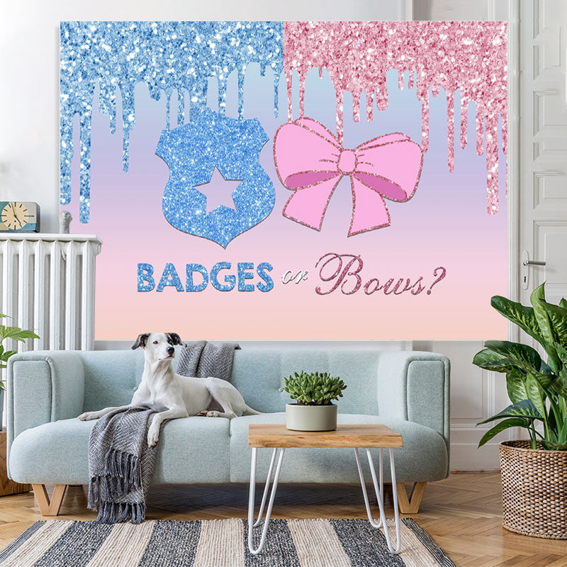Lofaris Badges or Bows Glitter He She Baby Shower Backdrop