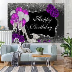 Lofaris Ballon And Floral Silver Glitter Birthday Backdrop