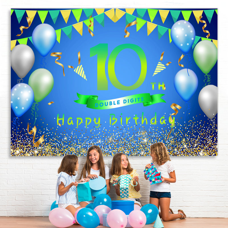 Lofaris Balloons And Flag Green Happy 10th Birthday Backdrop