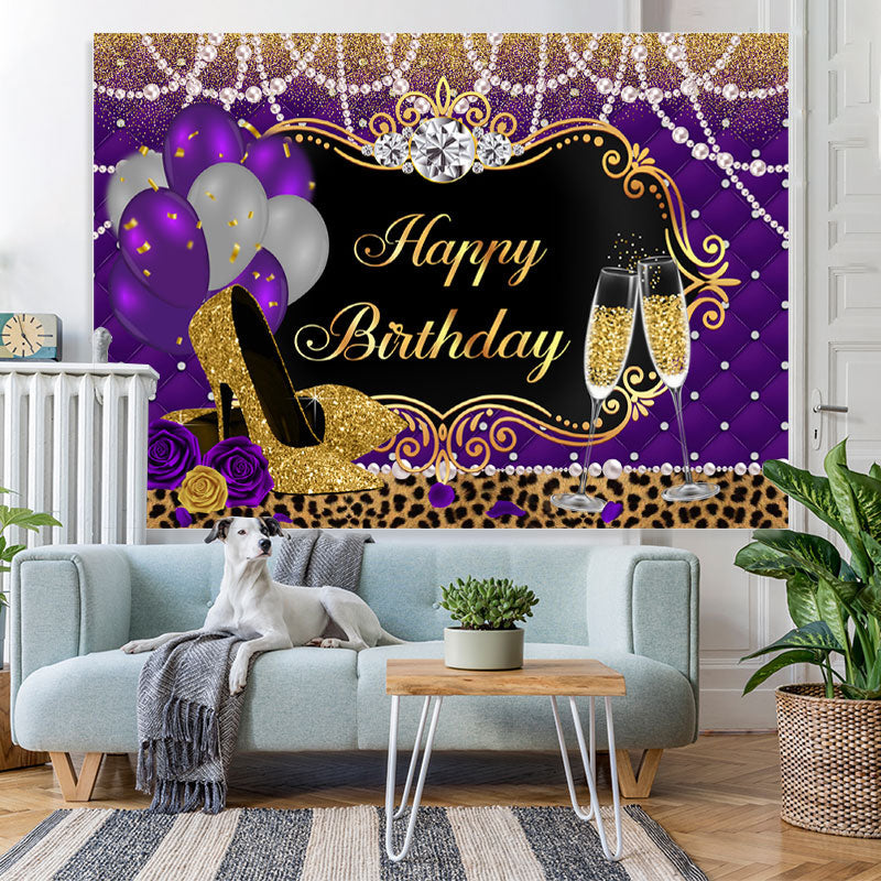 Lofaris Balloons Leopard Purple Gold High Heels Birthday Backdrop for Women