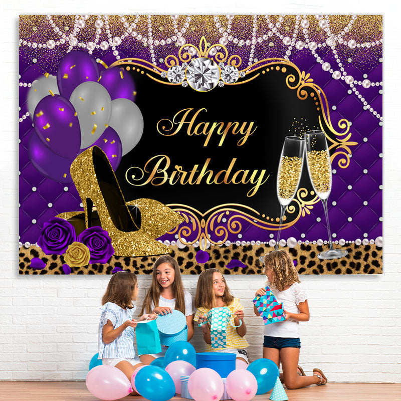 Lofaris Balloons Leopard Purple Gold High Heels Birthday Backdrop for Women