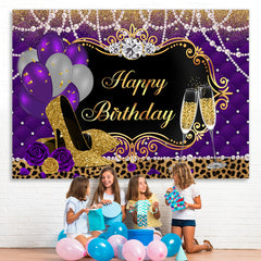 Lofaris Balloons Leopard Purple Gold High Heels Birthday Backdrop for Women