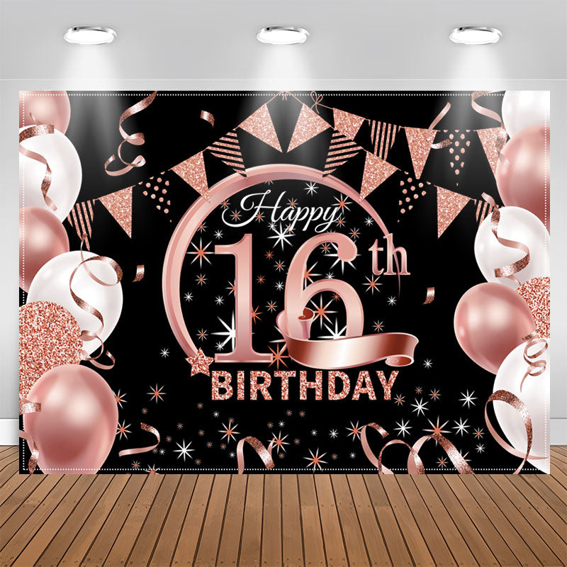 Lofaris Balloons Pink Sparkling Black 16th Birthday Backdrop