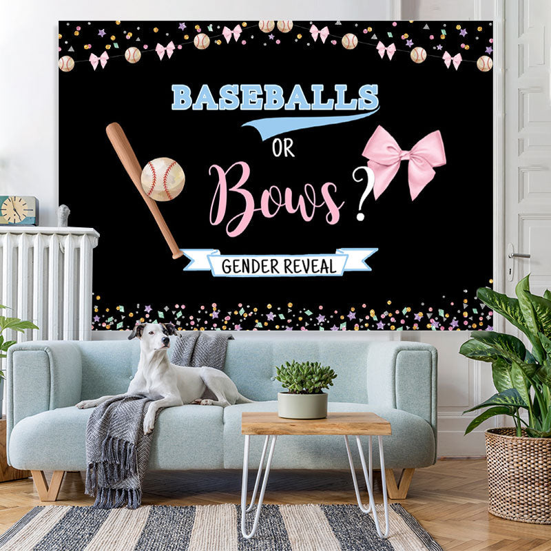 Lofaris Baseballs or Bows Blue Pink Baby Shower Backdrop