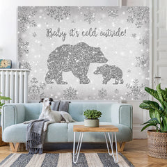 Lofaris Bear Baby Its Cold Outside Silver Snowflake Shower Backdrop