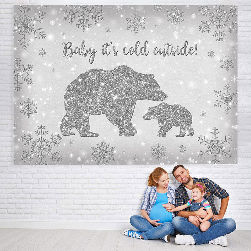 Lofaris Bear Baby Its Cold Outside Silver Snowflake Shower Backdrop