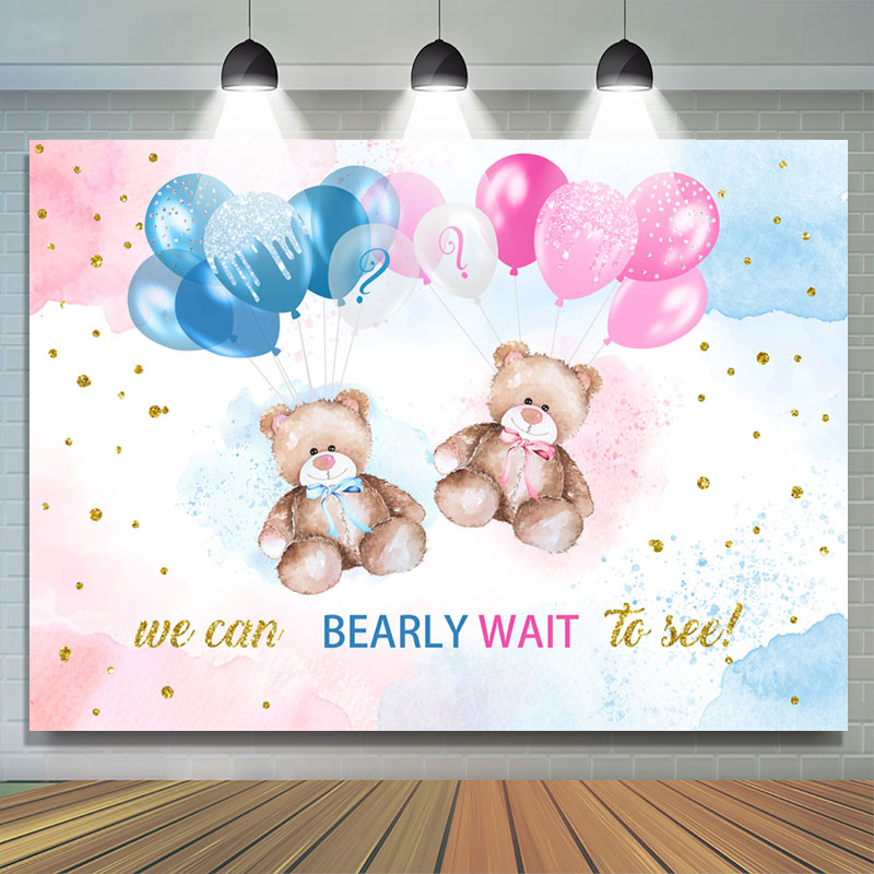 Lofaris Bearly Wait Pink Blue Balloon Gender Reveal Backdrop