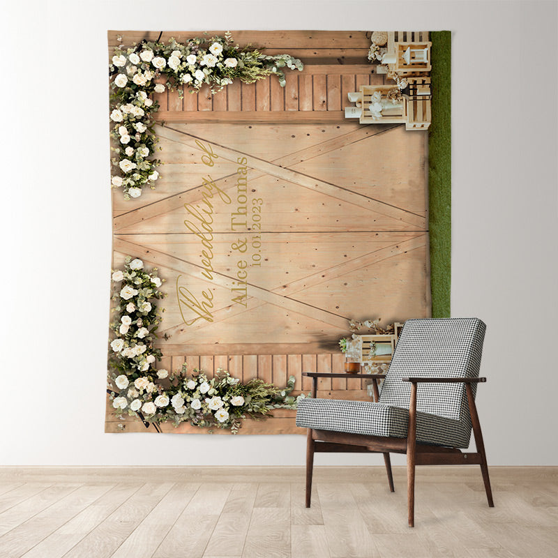 Lofaris Beige Wooden Door With White Flowers Wedding Backdrop