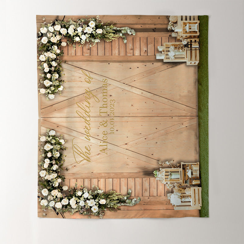Lofaris Beige Wooden Door With White Flowers Wedding Backdrop
