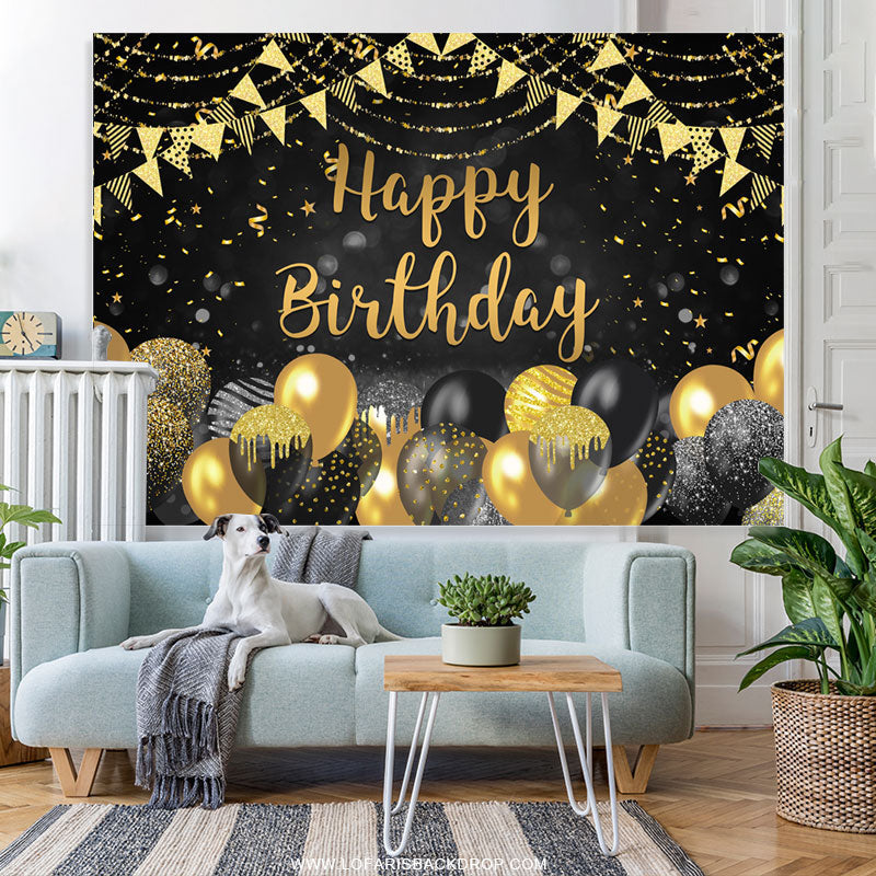 Lofaris Black And Gold Bokeh Glitter Happy Birthday Backdrop