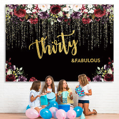 Lofaris Black and Gold Glitter Floral 30th Birthday Backdrop