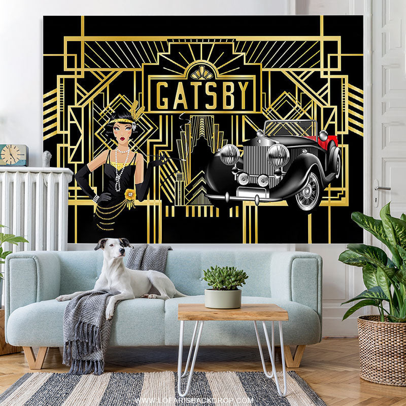 Lofaris Black And Gold Stripes Girl Car Birthday Backdrop