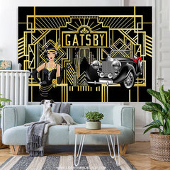 Lofaris Black And Gold Stripes Girl Car Birthday Backdrop