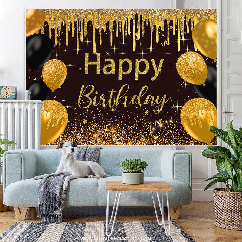 Lofaris Black And Golden Dots Balloons Happy Birthday Backdrop
