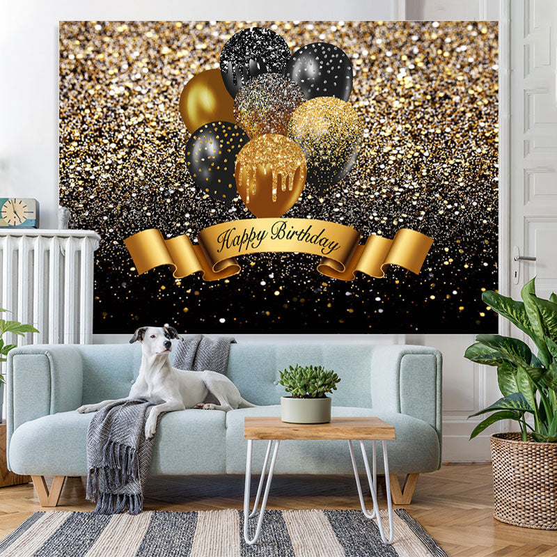 Lofaris Black And Golden Glitter Balloon Happy Birthday Backdrop