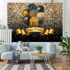 Lofaris Black And Golden Glitter Balloon Happy Birthday Backdrop