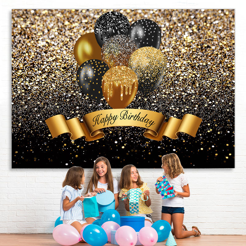 Lofaris Black And Golden Glitter Balloon Happy Birthday Backdrop