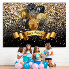 Lofaris Black And Golden Glitter Balloon Happy Birthday Backdrop
