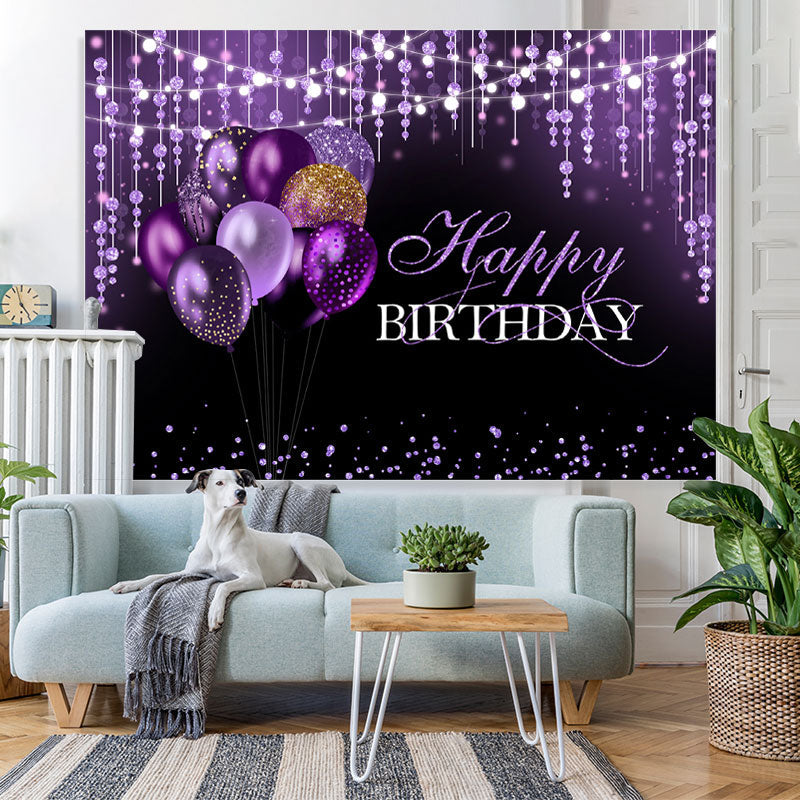 Lofaris Black and Purple Glitter Balloon Happy Birthday Backdrop