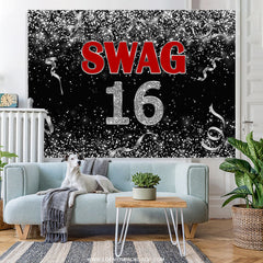 Lofaris Black And Silver Ribbion Swag 16 Birthday Backdrop