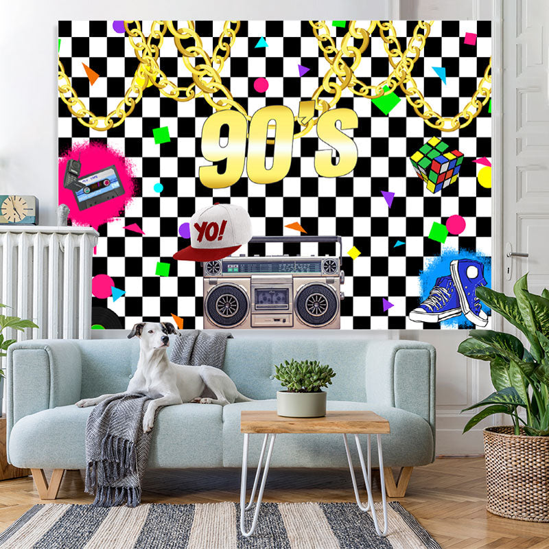 Lofaris Black And White Lattice 90s Birthday Party Backdrop