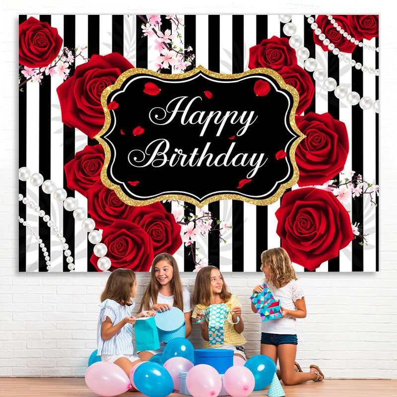 Lofaris Black And white Line With Red Rose Birthday Backdrop