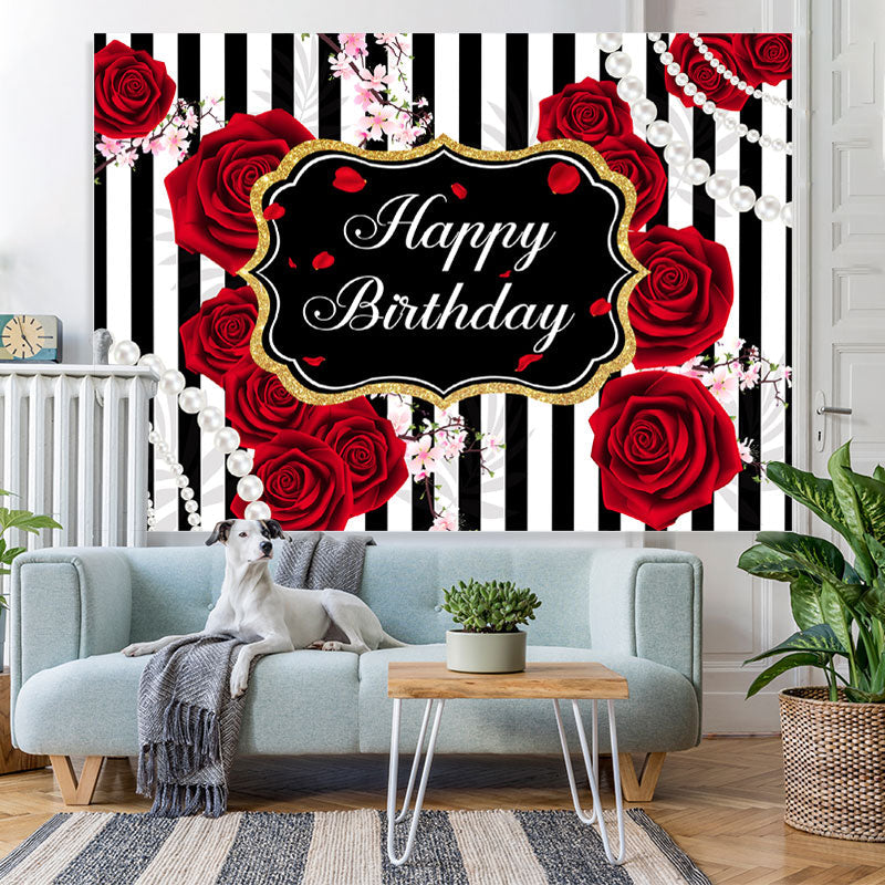 Lofaris Black And white Line With Red Rose Birthday Backdrop