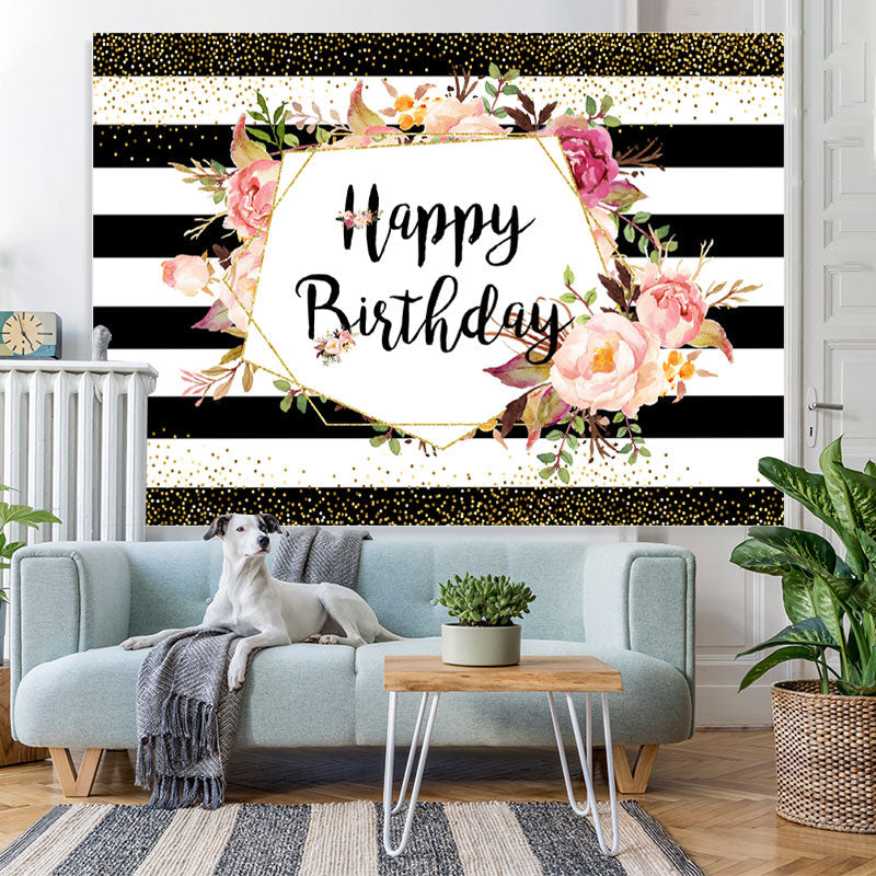 Lofaris Black-And-White Stripe And Floral Birthday Backdrop