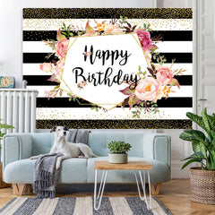 Lofaris Black-And-White Stripe And Floral Birthday Backdrop