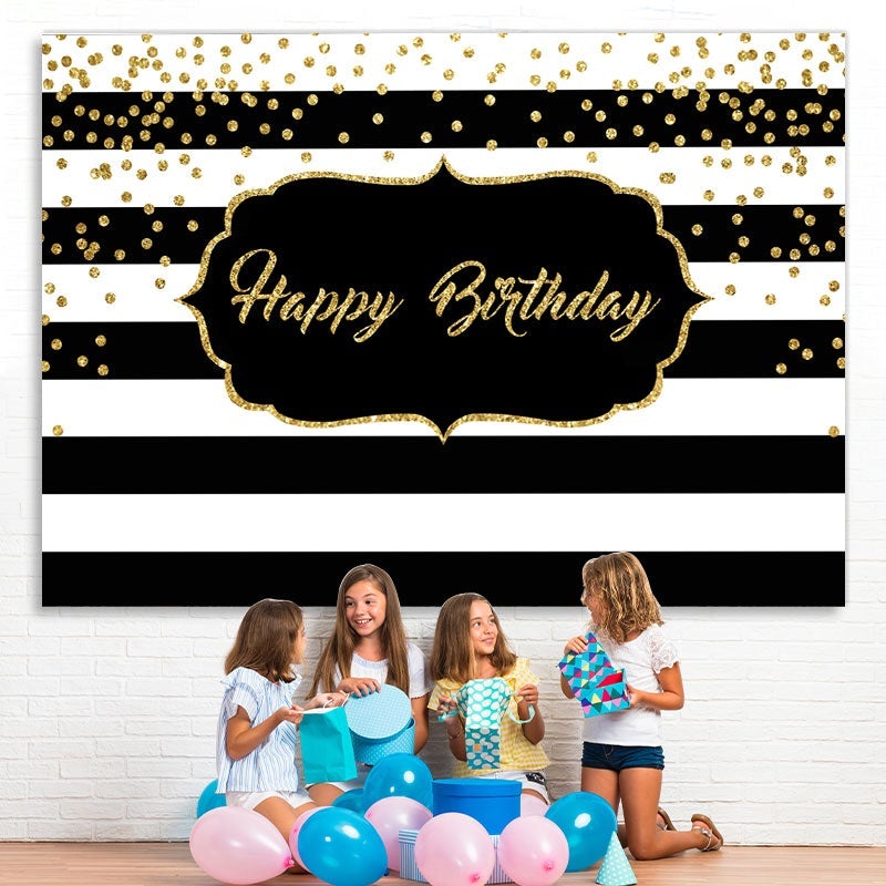 Lofaris Black and White Stripe Glitter Happy Birthday Backdrop