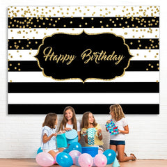 Lofaris Black and White Stripe Glitter Happy Birthday Backdrop