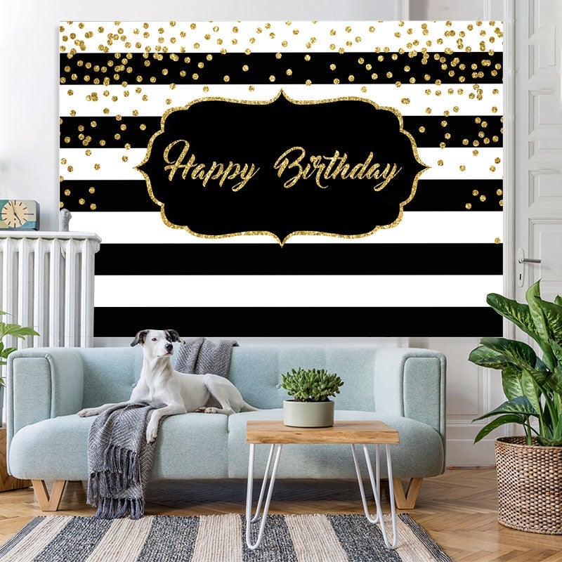 Lofaris Black and White Stripe Glitter Happy Birthday Backdrop