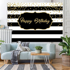 Lofaris Black and White Stripe Glitter Happy Birthday Backdrop