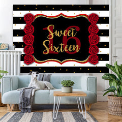 Lofaris Black-And-White Stripe Sweet 16Th Birthday Backdrop